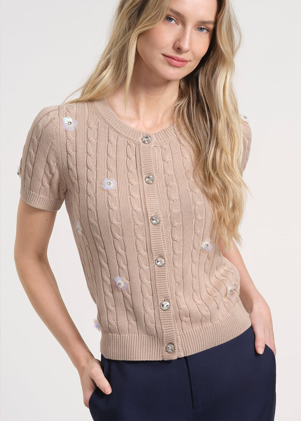 Short Sleeve Cardigan with Embellishments