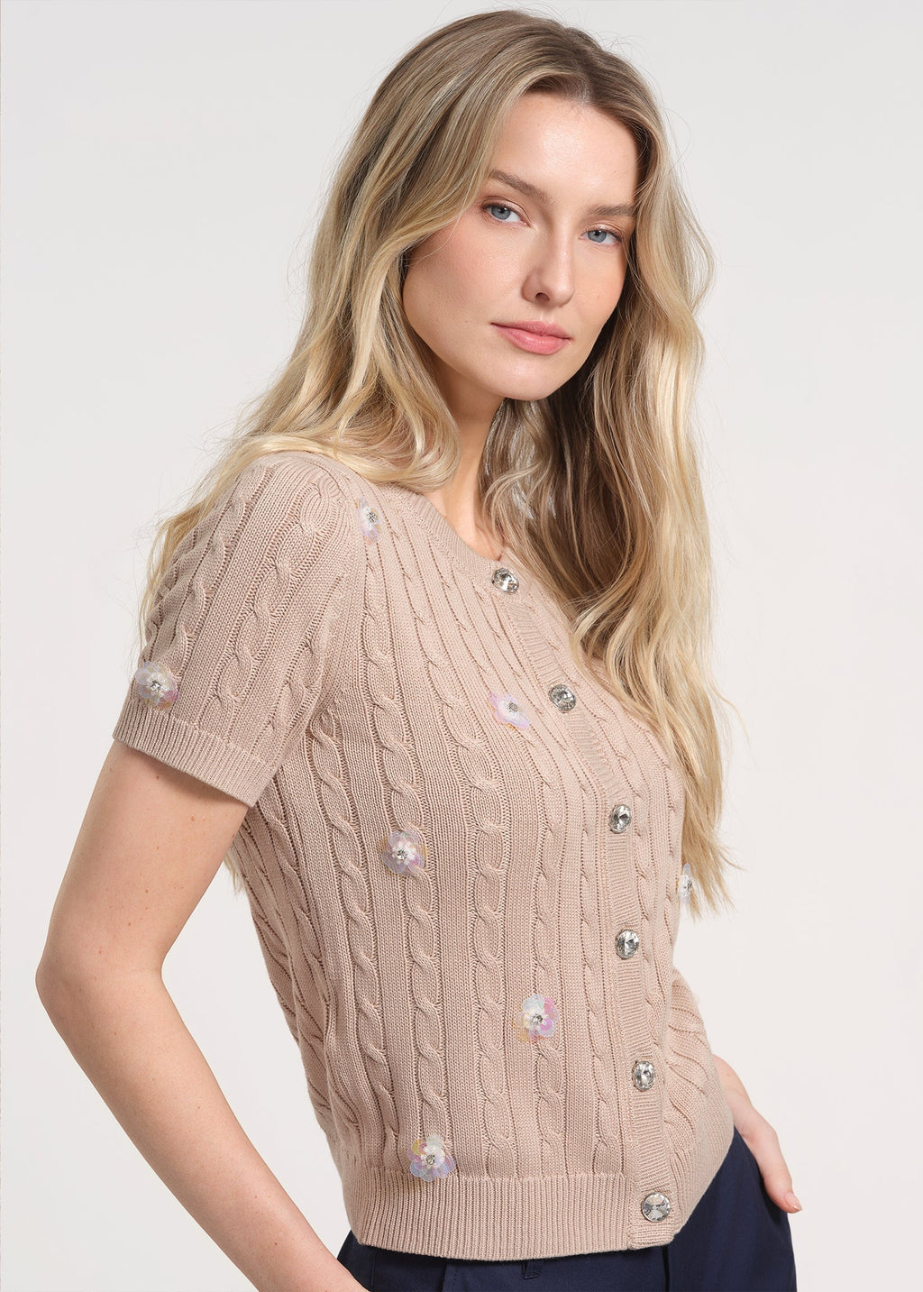 Short Sleeve Cardigan with Embellishments