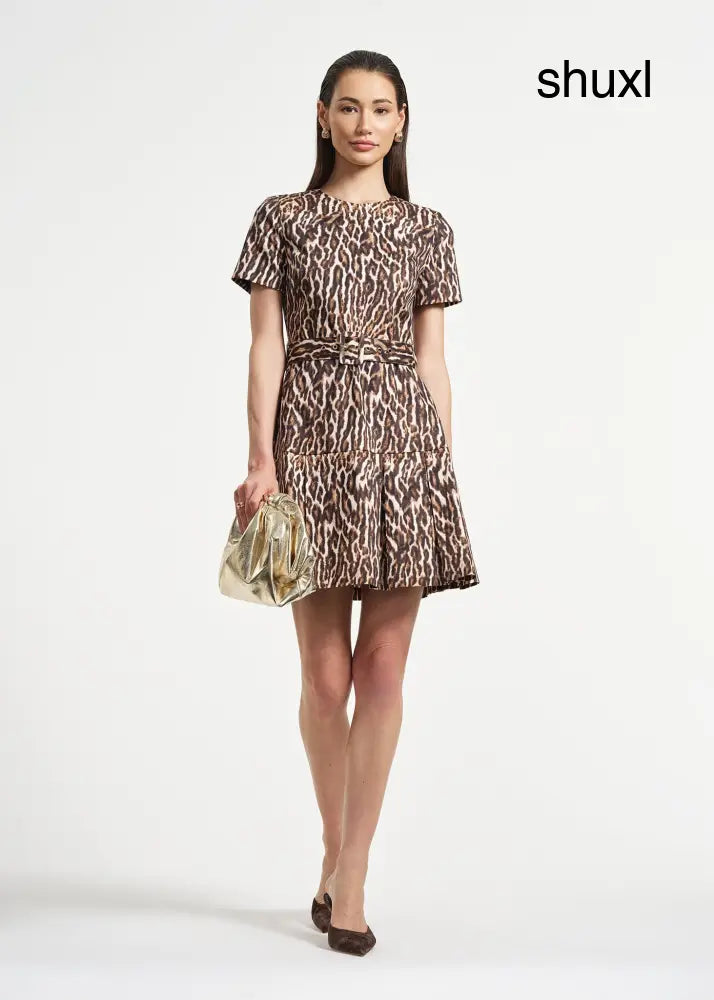 Belted Pleated Short Dress - Leopard / 2 - Clothing
