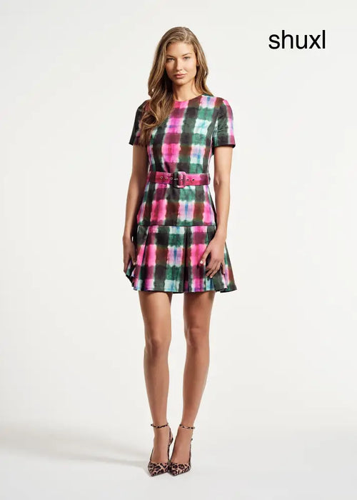 Belted Pleated Short Dress - Watercolor Tartan / 2 - Clothing
