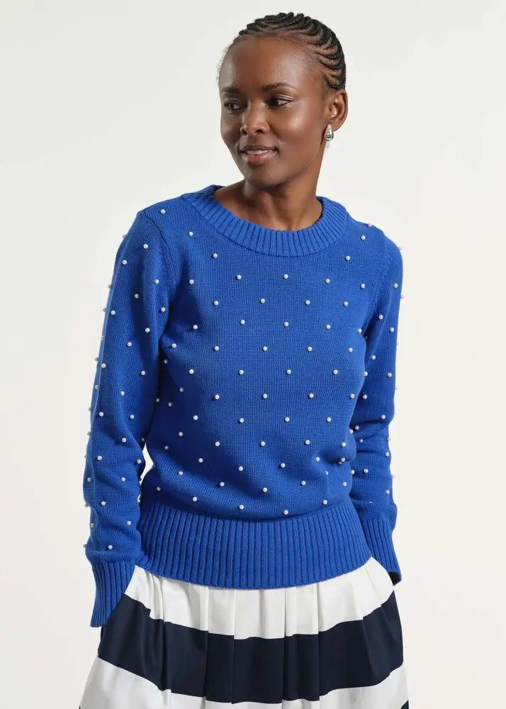 Cowl Neck Beaded Sweater - Royal / XS - Clothing