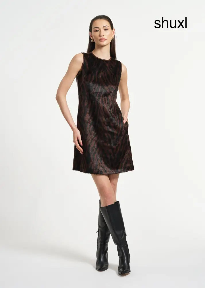 Faux Fur Combo Shift Dress - Brown Zebra / 2 - Clothing